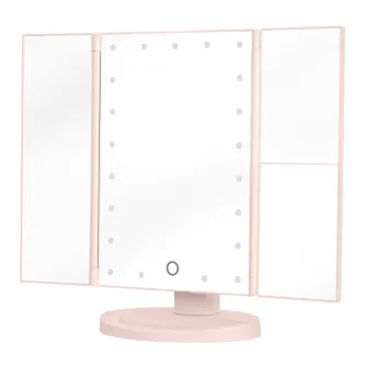 Humanas HS-ML04 pink tri-fold makeup mirror with LED lights, adjustable brightness, and dual magnifying mirrors, portable with USB-C power