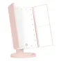 Pink Humanas HS-ML04 LED makeup mirror with adjustable brightness, open to reveal main mirror with 21 LED lights, a touch button, a long side mirror, and two 2x/3x magnifying mirrors, mounted on a circular base with a storage co