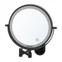 Humanas HS-BM01 black double-sided bathroom mirror with a 20 cm LED-lit ring, touch power button, 5× magnification side, adjustable brightness and color temperature, mounted on a flexible black articulated arm.