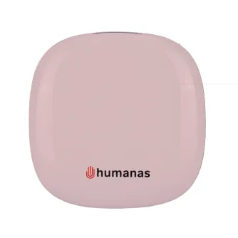 Pink Humanas HS‑PM01 compact make‑up mirror with LED backlighting, 5× magnification and adjustable light settings, shown in a closed top view with the brand logo at the bottom.