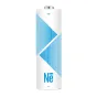 Newell Li‑ion AA rechargeable battery, 2200 mAh, white casing with blue diagonal stripe pattern, plus and minus polarity symbols, Ne logo