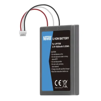 Newell LIP1708 uzlādējamā Li‑ion akumulators PS5 DualSense kontrolierim, ar trīs vadu savienotāju, 1500 mAh jauda, 3.7 V, kompakts pelēks korpuss.