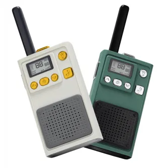 Redleaf W1A set of two PMR446 walkie-talkies, white and green models, with black telescopic antennas, LCD screens displaying channel 88, colored function buttons, built-in speaker grills, compact portable design for outdoor use 