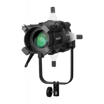 Yongnuo SPL100 Spotlight gaismas modificators ar Bowens montu, melna korpuss, priekšējā lēca ar zaļām atspulgām, pievienoti borta durvis, U formas rokturis un iekļautie aksesuāri, piemēram, gobo filtra turētājs un transporta kas