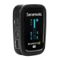Saramonic Blink500 ProX TX wireless transmitter with OLED display, side control buttons, USB-C charging port, and textured black casing