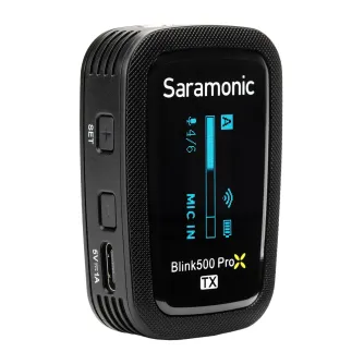 Saramonic Blink500 ProX TX wireless transmitter with OLED display, side control buttons, USB-C charging port, and textured black casing