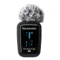 Saramonic Blink500 ProX TX wireless transmitter with attached deadcat windscreen, front view showing illuminated OLED display with battery and gain indicators