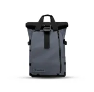 Wandrd Prvke 21 blue waterproof backpack with roll‑top closure, black strap and front zipper, front viewWandrd Prvke 21 blue waterproof backpack with roll‑top closure, black strap and front zipper, front view