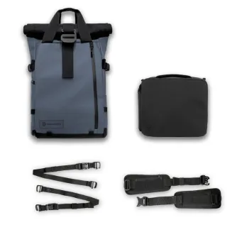 Blue Wandrd Prvke 21 Photo Bundle backpack with black Camera Cube Essential case, accessory straps, and hip belt included in the travel photography kit
