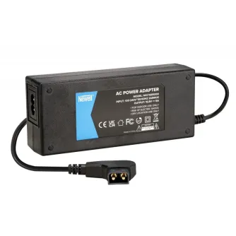 Newell D-Tap 16.8 V 5 A AC power adapter for V-mount batteries, black rectangular unit with label, attached cable and D-Tap connector