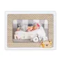 Wooden baby photo frame Zep NB9564 Yoghi 10x15 cm, featuring a sleeping newborn in a knitted outfit and gray hat with a red bow, accompanied by "LOVE" letters and a plush teddy bear, set against a beige polka-dot background.