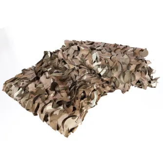 Buteo Photo Gear 3D lapu kamuflāžas tīkls, Forest Camo Brown, 2,4×3 m, ar teksturētām lapu izgriezumiem un reverso haki pusi.