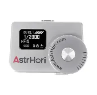 Silver AstrHori AH-M1 light meter with OLED display showing EV15.1, 1/2000 sec, F4, and a large adjustment dial featuring the website URLSilver AstrHori AH-M1 light meter with OLED display showing EV15.1, 1/2000 sec, F4, and a large adjustment dial featuring the website URL