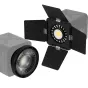 Newell Mini Bowens stariņi un fokuslēca Tara 40 RGB LED gaismai, ar melniem metāla stariņiem, pievienotiem pelēkam korpusam, un atsevišķu 70 mm plastmasas fokuslēcu.