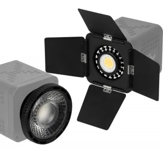 Newell Mini Bowens stariņi un fokuslēca Tara 40 RGB LED gaismai, ar melniem metāla stariņiem, pievienotiem pelēkam korpusam, un atsevišķu 70 mm plastmasas fokuslēcu.