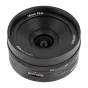 AstrHori 18mm f/5.6 APS-C shift lens front view, showing the front glass element, engraved focal length and aperture markings, and the textured focus ring with distance scale