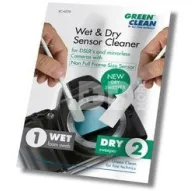 Green Clean sensor cleaning kit with 14 mm wet foam brush and lint-free dry brush next to a camera sensor, packaged in a clear Green Clean box.Green Clean sensor cleaning kit with 14 mm wet foam brush and lint-free dry brush next to a camera sensor, packaged in a clear Green Clean box.