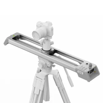 Zeapon Evo D60 compact motorised slider mounted on a tripod with a camera, side control panel with green indicator light, 44 cm travel and 5 kg load capacity