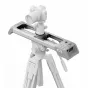 White Zeapon Evo D40 motorised slider mounted on a tripod with a camera attached, featuring measurement markings and a control panel with buttons and a green indicator light.