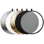 MITOYA 5-in-1 80 cm round reflector featuring silver, white, gold, black, and gray diffuser surfaces, each encased in a black frame with a hanging tab.