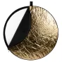 MITOYA round 5-in-1 reflector, 80 cm diameter, partially opened to show white diffuser and gold reflective surface, black frame with zipper and hanging loop.