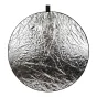 Round MITOYA 5-in-1 80 cm reflector with crinkled silver surface and black border, featuring a hanging loop for easy mounting