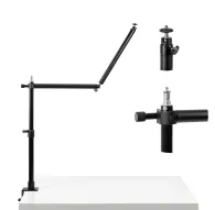 MITOYA MTY85 Bench Boom tabletop tripod with adjustable boom arm, 16 mm studio head, mounting vise and extension segments on a white surfaceMITOYA MTY85 Bench Boom tabletop tripod with adjustable boom arm, 16 mm studio head, mounting vise and extension segments on a white surface