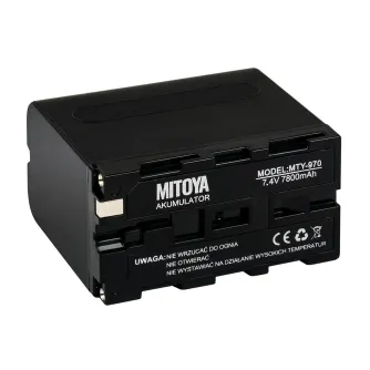MITOYA LONG LIFE NP‑F970 battery, 7800 mAh, black casing with side contacts, high-capacity lithium-ion power source for Sony cameras and LED lights.