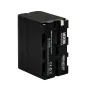 MITOYA NP-F970 7800mAh lithium-ion camera battery in black, side view displaying model label and specifications, compatible with Sony cameras and LED lighting