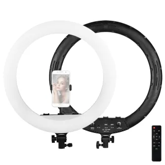 MITOYA MTY-21C 53 cm bi-color LED ring lamp with white diffuser, black frame, flexible phone holder, and remote control, ideal for video and photo lighting.
