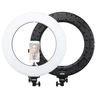MITOYA 45 cm bi-color LED ring light, front side illuminated, smartphone holder attached, black rear panel with control knobs and MITOYA branding