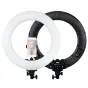 MITOYA RL-480L 45 cm bi-color LED ring light with phone holder, featuring a front white diffuser and a rear black panel with control knobs and digital display, a smartphone mounted in the holder displaying a portrait.