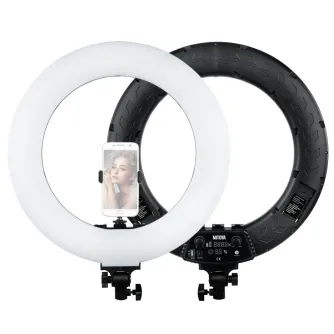 MITOYA RL-480L 45 cm bi-color LED ring light with phone holder, featuring a front white diffuser and a rear black panel with control knobs and digital display, a smartphone mounted in the holder displaying a portrait.