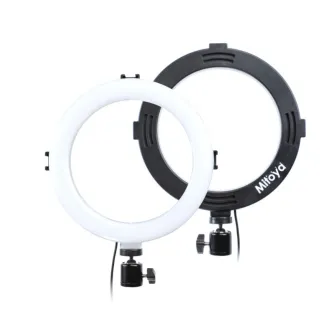 Two MITOYA 20 cm USB-powered LED ring lights, one white and one black with Mitoyd branding, each mounted on a ball-head tripod adapter.
