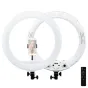 MITOYA 45 cm white bi-color LED ring lamp with smartphone holder, remote control, and adjustable knobs, featuring a front-mounted smartphone and a rear control panel with knobs and USB port.