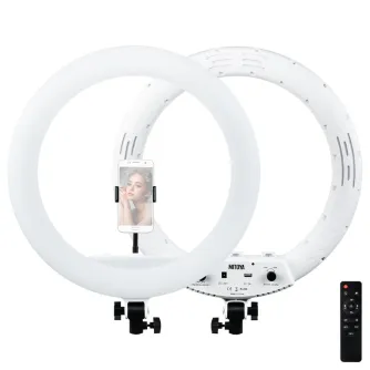 MITOYA 45 cm white bi-color LED ring lamp with smartphone holder, remote control, and adjustable knobs, featuring a front-mounted smartphone and a rear control panel with knobs and USB port.