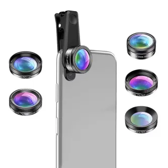 Apexel APL-DG6 6-in-1 phone lens kit with clip-on mount, featuring a wide-angle lens attached to a smartphone and a complete set of macro, fisheye, CPL, ND32, and star filter lenses displayed around it.