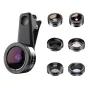 Apexel APL-DG6 6-in-1 phone lens kit featuring a clip-on wide-angle lens and six interchangeable optical elements including fisheye, macro, CPL, ND32, star, and filter lenses, displayed on a white background