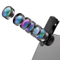 Apexel APL-DG6 6-in-1 phone lens kit featuring detachable wide-angle, fisheye, macro, CPL, ND32, and star filters attached to a universal clip on a smartphone, with an isolated 140° wide-angle lens.