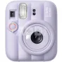 Fujifilm instax mini 13 DREAMY PURPLE instant camera front view with large lens, built-in flash, selfie mirror button, and timer dial.