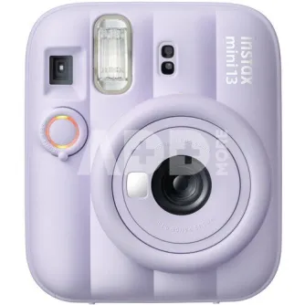 Fujifilm instax mini 13 DREAMY PURPLE instant camera front view with large lens, built-in flash, selfie mirror button, and timer dial.