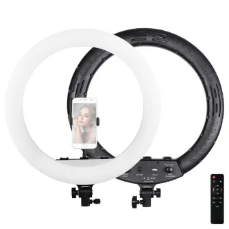 MITOYA MTY-18C 45 cm bi-color LED ring light with phone holder and remote control, front and back view