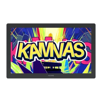 Графический планшет Huion Kamvas 22 Gen 3 21,5‑дюймовый спереди, на экране яркий комикс‑стиль с крупным жёлтым текстом "KAMNAS" и яркими лучами, бренд "HLION" на нижней рамке.