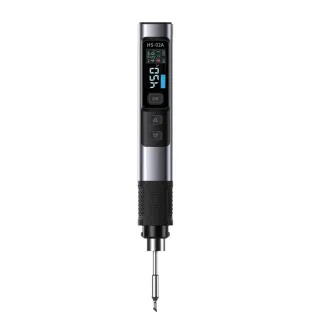 FNIRSI HS-02A 100W soldering iron with digital display, ergonomic grip, interchangeable tip, and stand, isolated on a white background