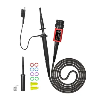 FNIRSI P4100 oscilloscope probe kit with 100:1 attenuation, 1 m coiled cable, BNC connector, and multicolored test leads