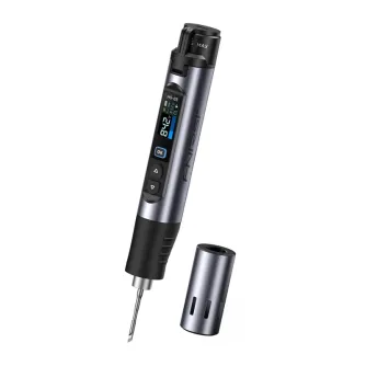 FNIRSI HS-03 Plus cordless soldering iron with digital display and detachable tip, accompanied by a metallic storage case