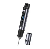FNIRSI HS-03 Plus cordless soldering iron with digital display and detachable tip, accompanied by a metallic storage caseFNIRSI HS-03 Plus cordless soldering iron with digital display and detachable tip, accompanied by a metallic storage case