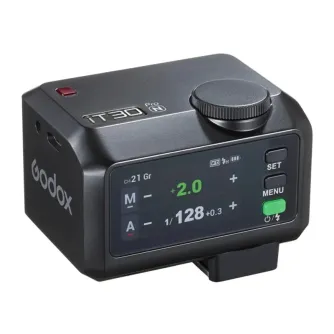 Compact GODOX iT30Pro flash for Nikon with color touchscreen, large top dial, and USB-C port, shown in a close-up view