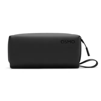 Black DJI Osmo Pocket 4P carrying bag with zippered closure and wrist strap, featuring embossed OSMO logo, compact protective storage for the Osmo Pocket 4P camera.
