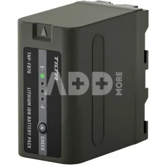 Tilta NP‑F970 10500mAh green lithium‑ion battery pack, front view with illuminated green power LED and status indicators.